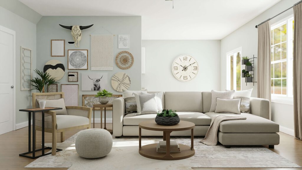 garage conversion project - a living room is shown in neutral tones with furniture and accessories, in the style of textural layering,