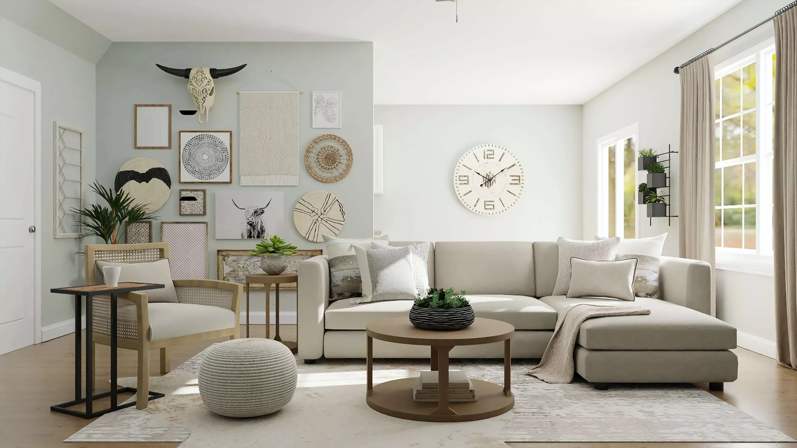 garage conversion project - a living room is shown in neutral tones with furniture and accessories, in the style of textural layering,