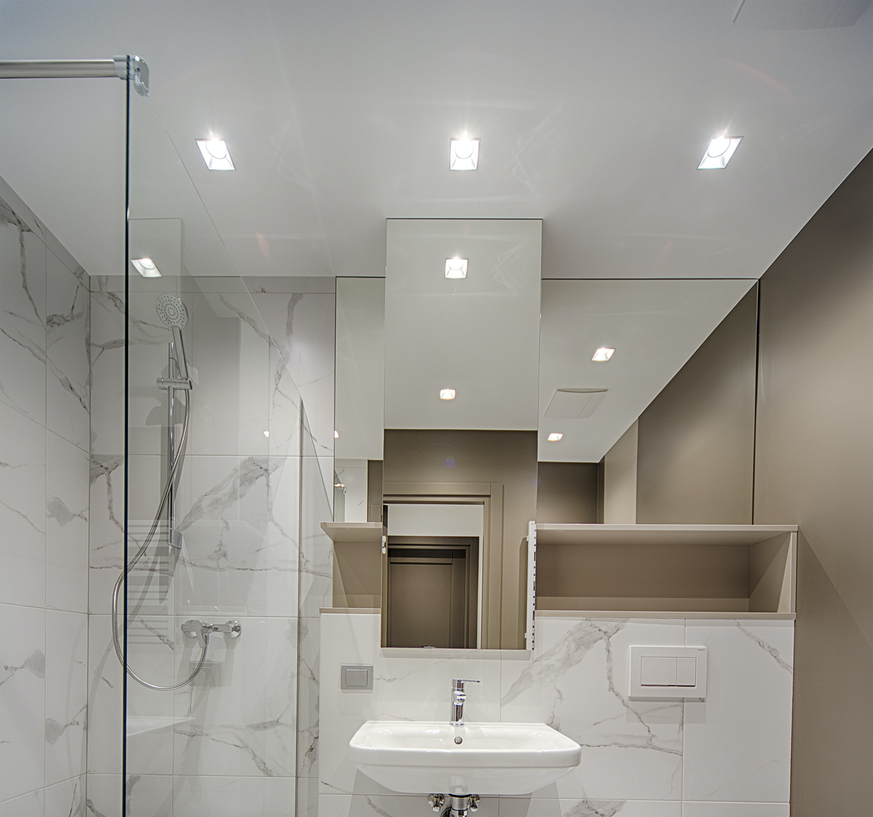 modern bathroom with sink and toilet with mirror, in the style of cinematic lighting, layered translucency, marble, light white and brown