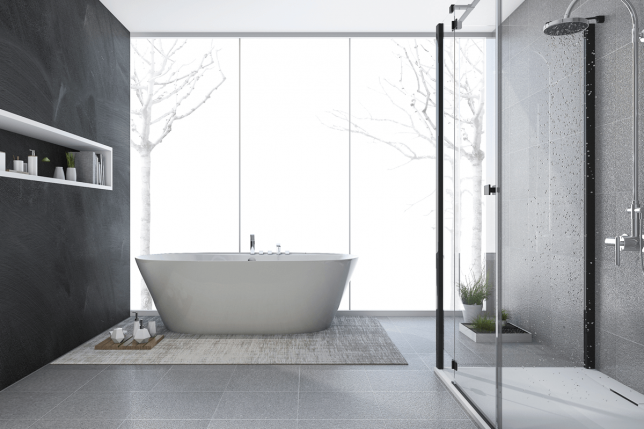 a clean contemporary bathroom with frosted glass doors